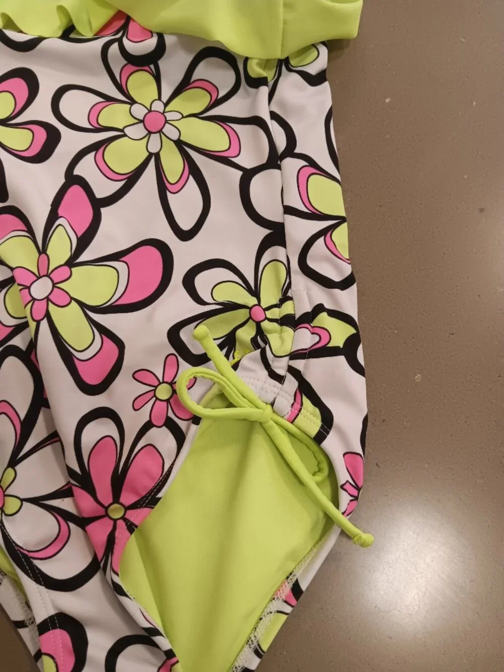 Justice Swim Girls Size 7 One-Piece Bathing Suit Floral Neon Green Pink Ruffle